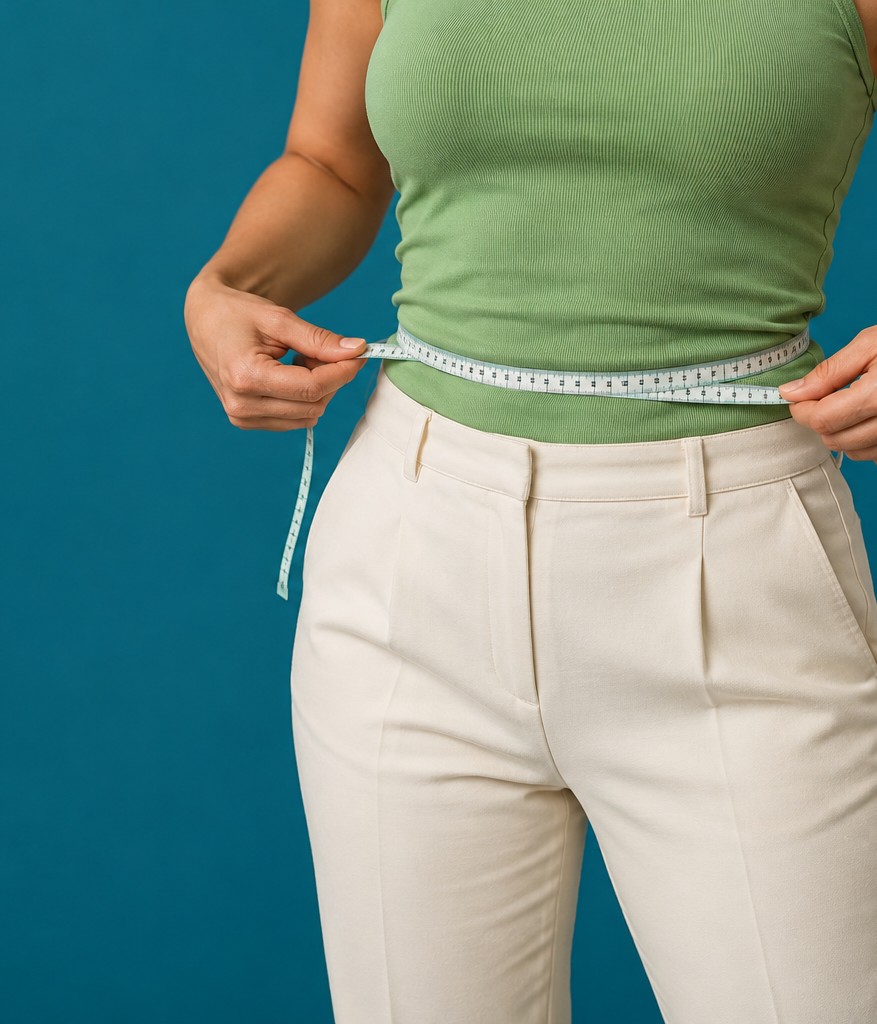 Person in a green top measuring their waist with a tape measure