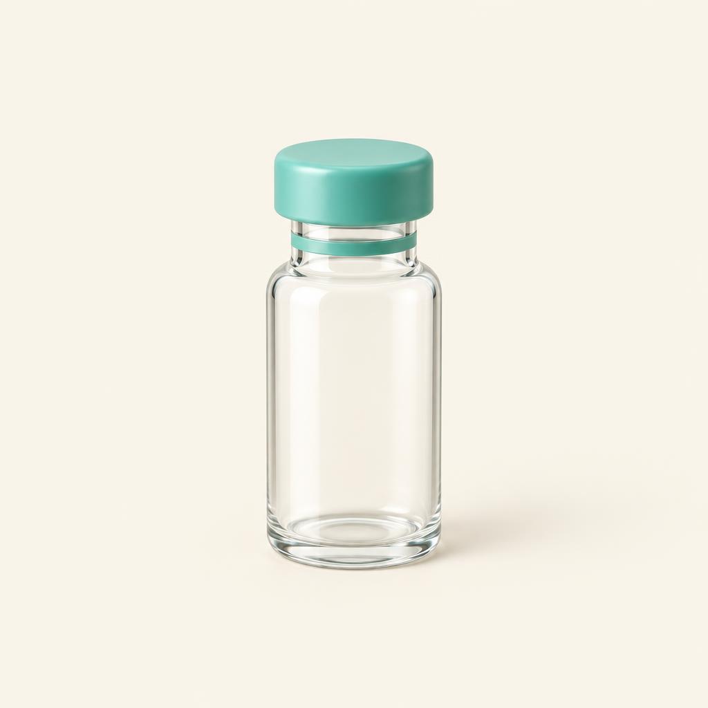 Plain glass vial with a seafoam cap on a cream background