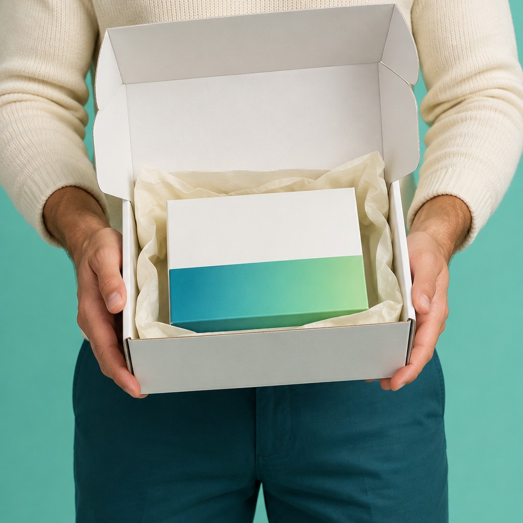 Hands holding an opened delivery box with a plain teal and green carton inside