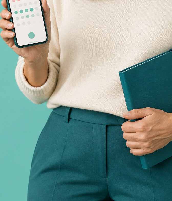 Woman holding a phone with a cycle tracker and a teal notebook