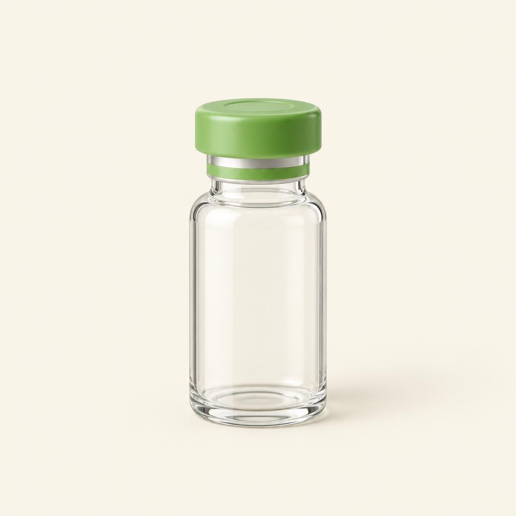 Plain glass vial with a leaf green cap on a cream background